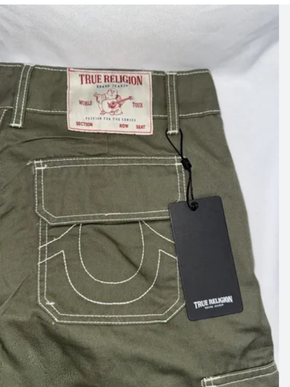 True Religion Men's Olive Cargo Jeans with Contrast Stitching